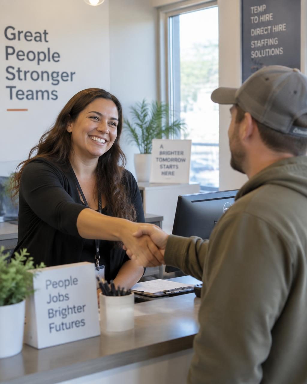 Recruiter warmly greeting an associate at a staffing branch