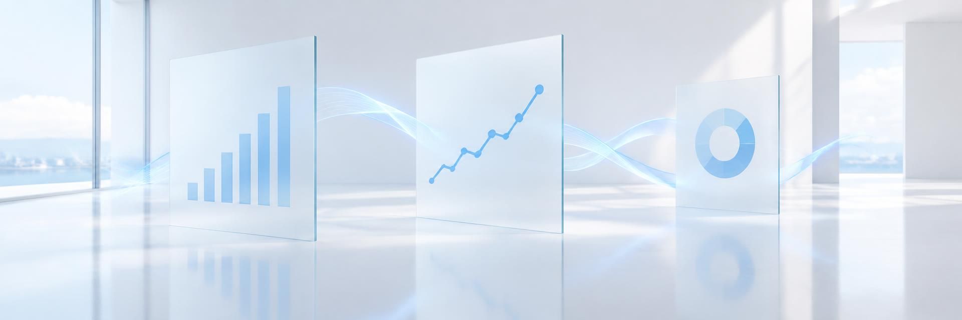 Frosted glass panels with simple blue charts rising across a bright white studio, illustrating results trending upward