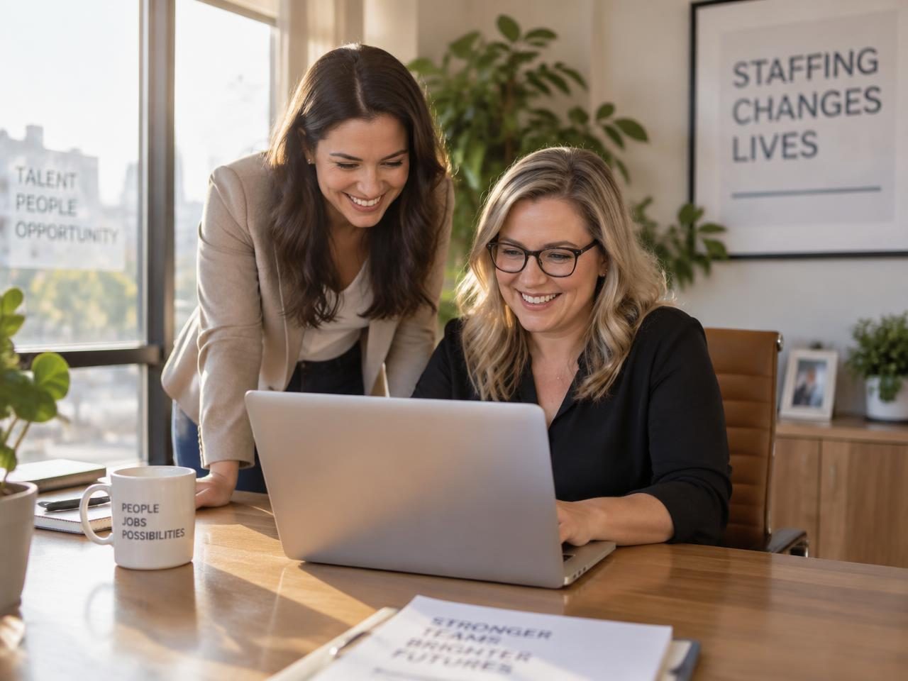 Agency owner and branch manager smiling while reviewing results together