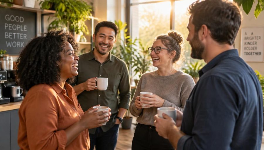 Team sharing a laugh over coffee in a sunlit office