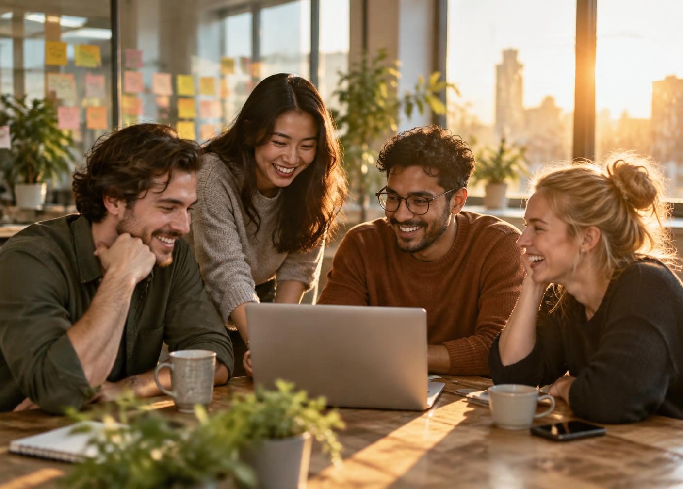 The HubIQ team working together around a laptop in a sunlit office