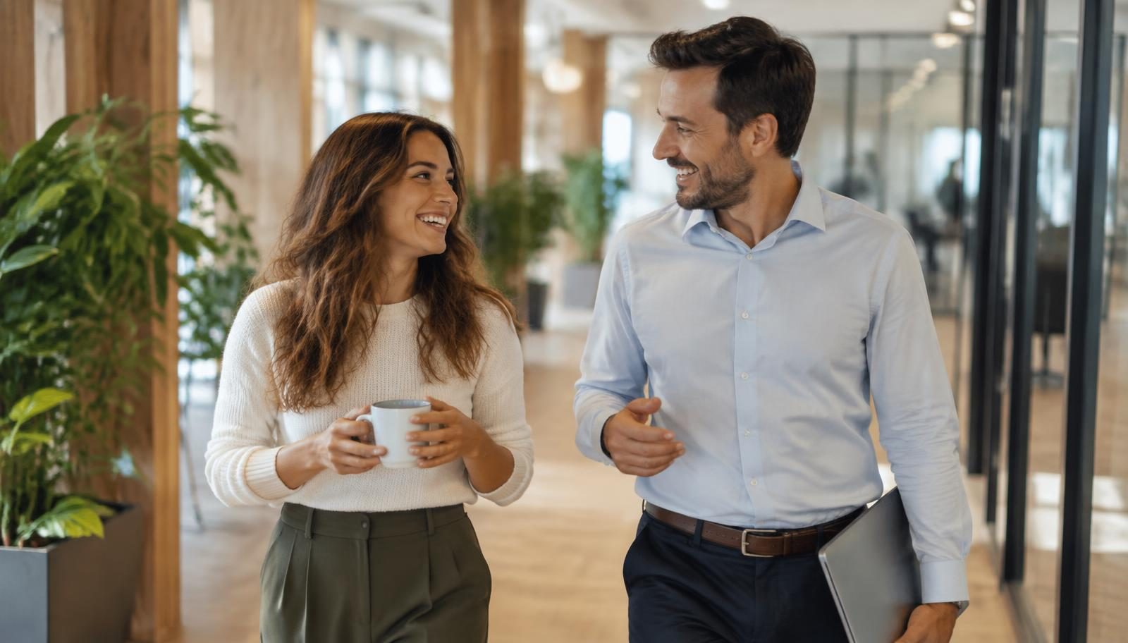 Two HubIQ teammates walking and talking through the office
