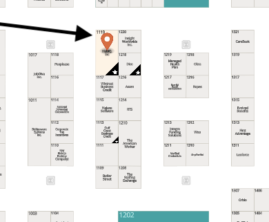 Expo floor map zoomed in on HubIQ Booth 1119