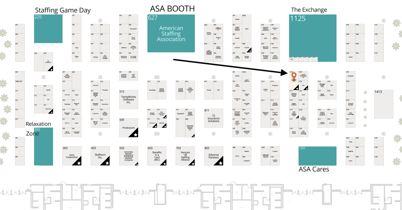 Full Staffing World 2026 expo floor plan with HubIQ in Booth 1119
